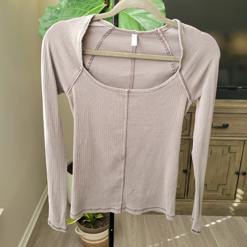 Free People Intimates Ribbed Square Neck Long Sleeve Top Mauve Seam Detail XS